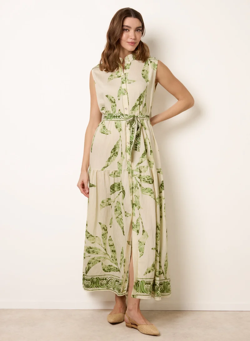 Blue Vanilla Leaf Print Collarless Shirt Dress With Belted Waist